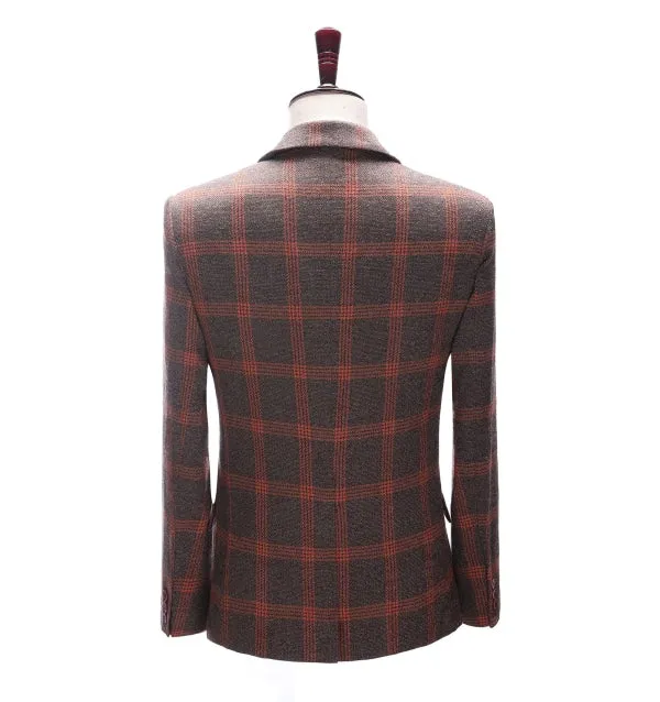 Formal Men's Burgundy Plaid Notch Lapel Blazer