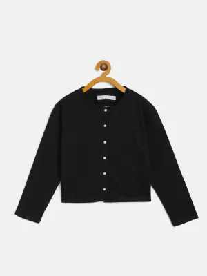Girls Black Terry Front Button Boxy Top