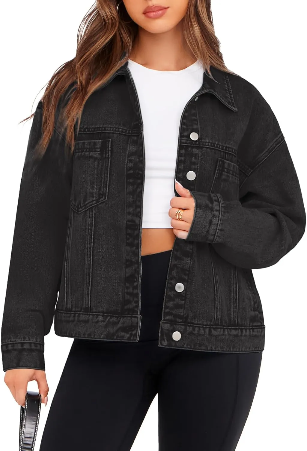 Glamaker Womens Oversized Jean Jacket Casual Long Sleeve Button Down Denim Jacket Fall Coat
