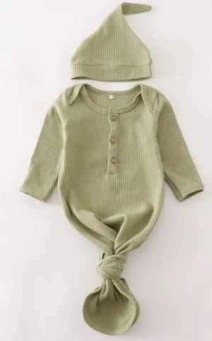 Green Waffle Knotted Gown with Matching Hat