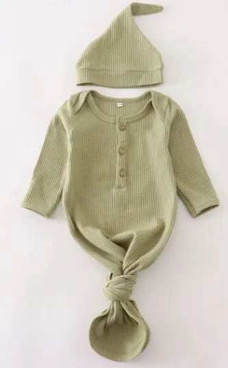 Green Waffle Knotted Gown with Matching Hat