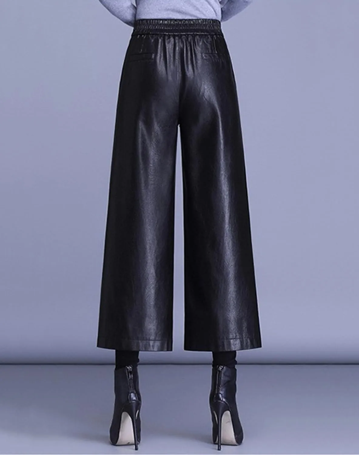 HaoMay Women's High Waist Wide Leg PU Faux Leather Cropped Pants Culottes