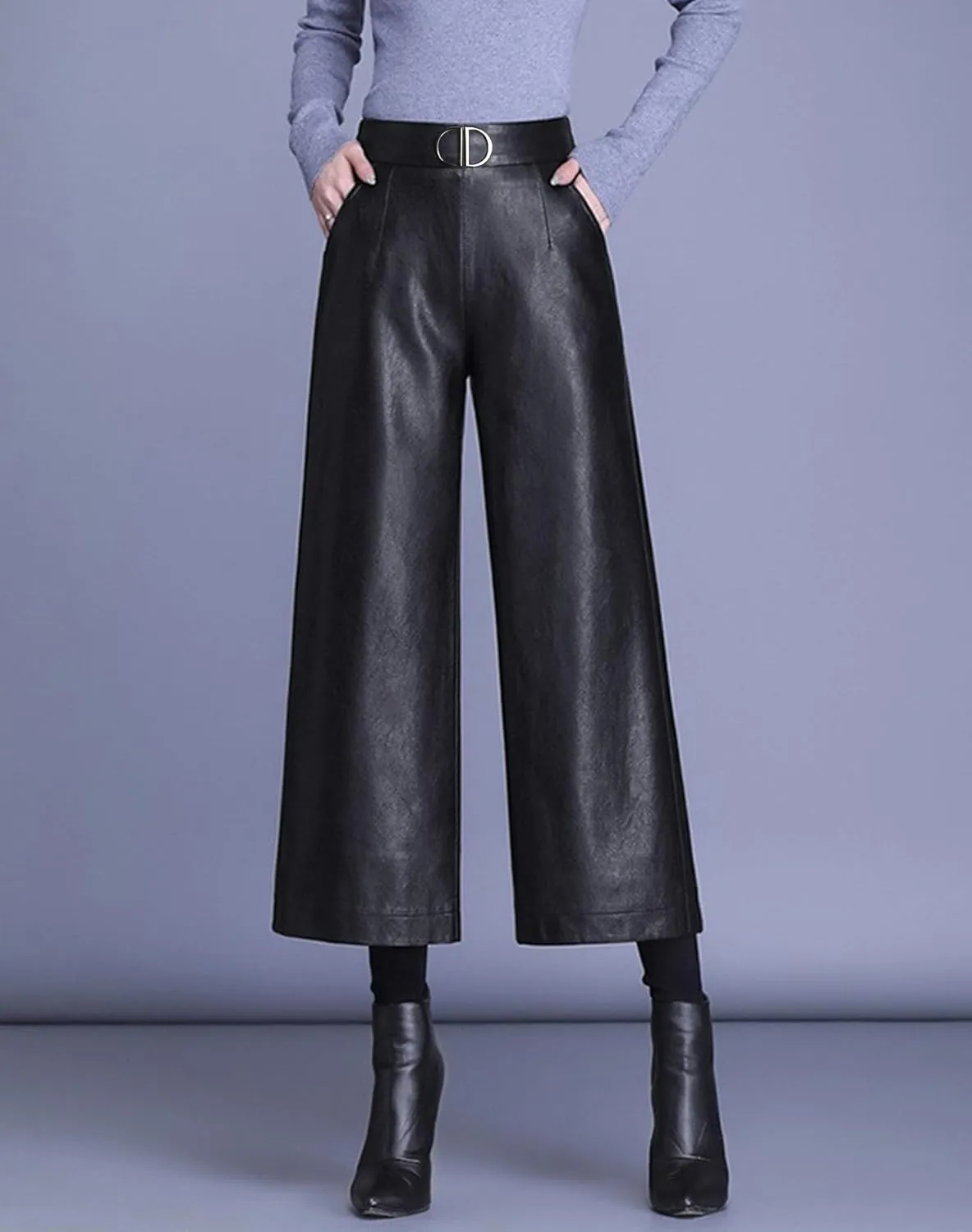 HaoMay Women's High Waist Wide Leg PU Faux Leather Cropped Pants Culottes