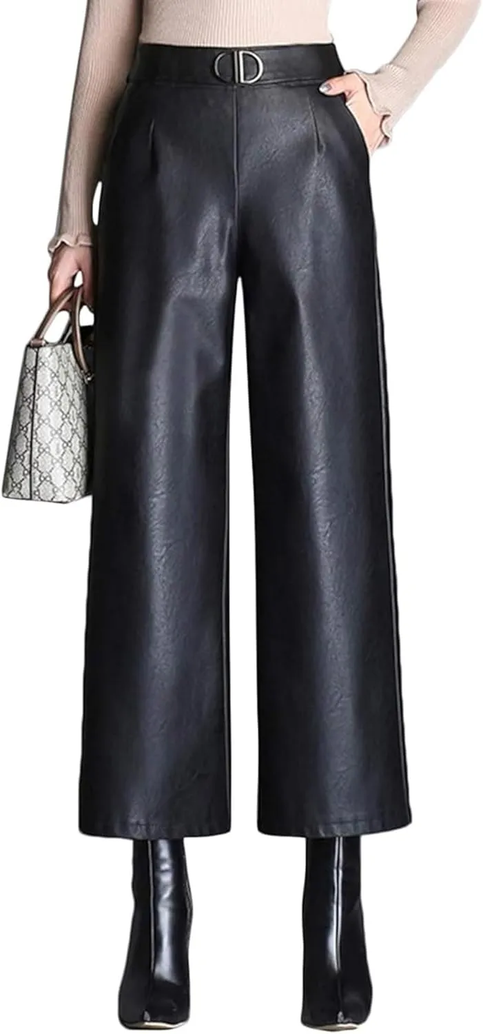 HaoMay Women's High Waist Wide Leg PU Faux Leather Cropped Pants Culottes