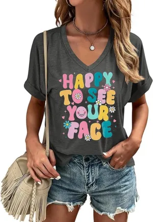 Happy Last Day of School V Neck Shirt Women Teacher Life Graphic Tee School Graduation Tee Appreciation Summer T-Shirt