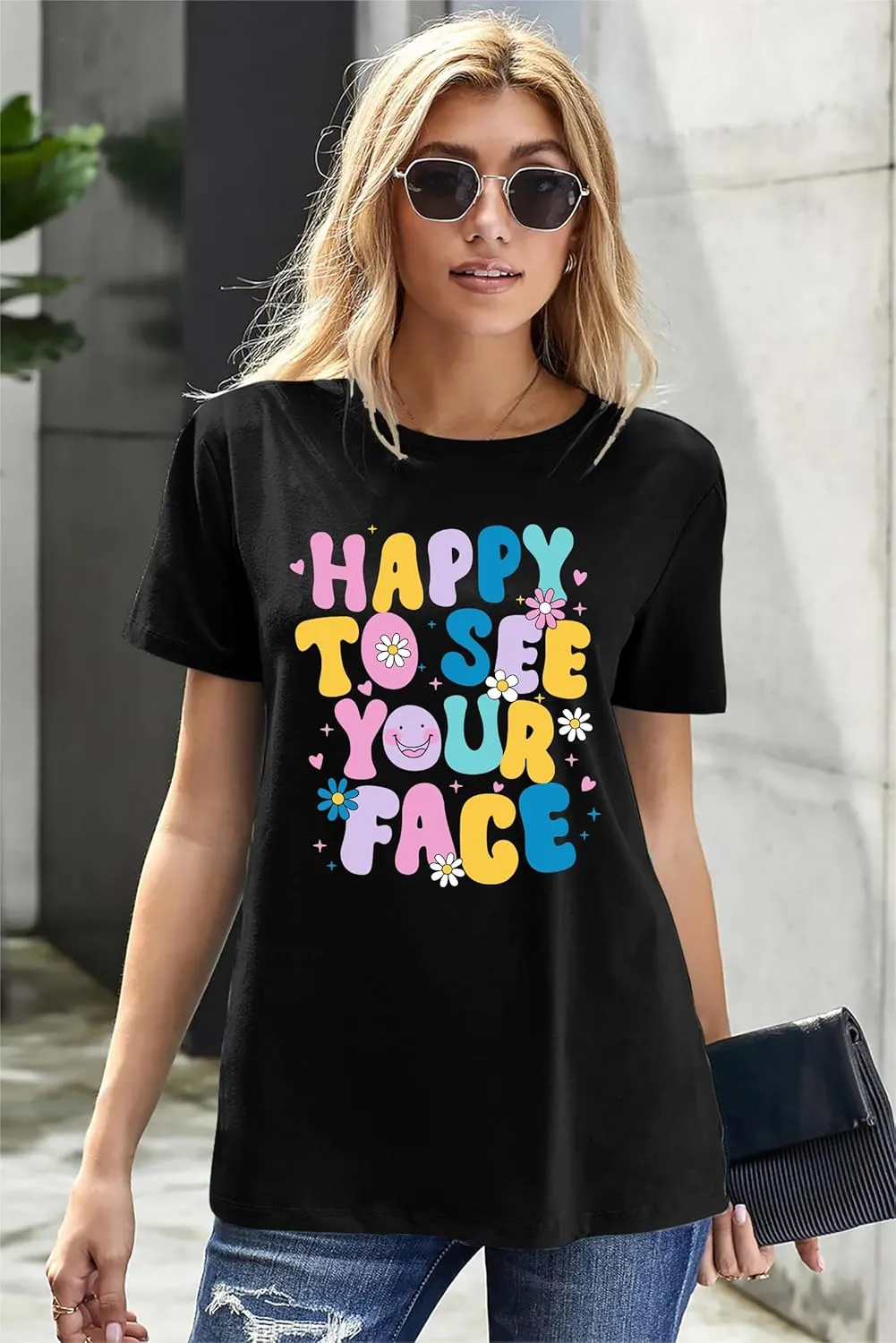 Happy to See Your Face Shirt: Women Funny Teacher T-Shirt First Day of School Shirts Groovy Back to School Tee Top