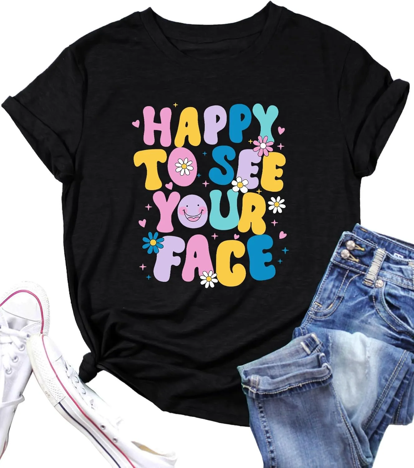Happy to See Your Face Shirt: Women Funny Teacher T-Shirt First Day of School Shirts Groovy Back to School Tee Top