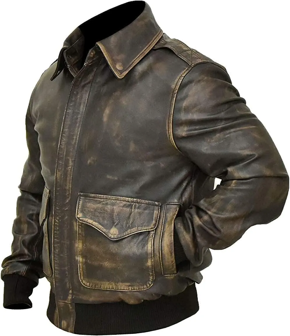 Hide & Seek Mens A2 Aviator Air Force Cockpit Vintage Bomber Military Flight Pilot WWII Distressed Real Leather Jacket