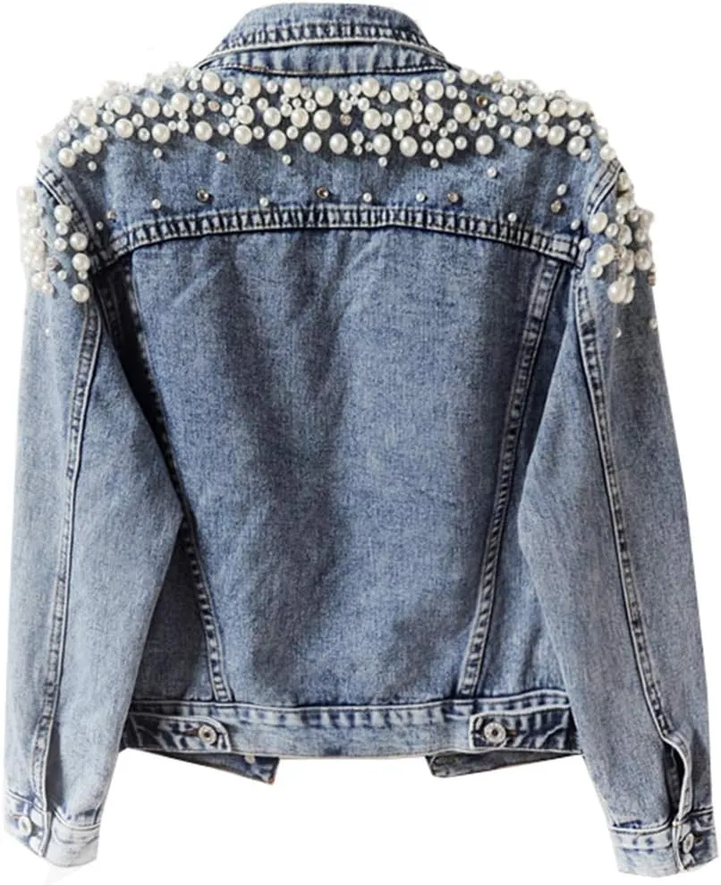 Kedera Women's Jean Jacket Embroidered Rivet Pearl Short Denim Jacket Coat