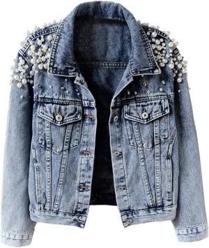 Kedera Women's Jean Jacket Embroidered Rivet Pearl Short Denim Jacket Coat