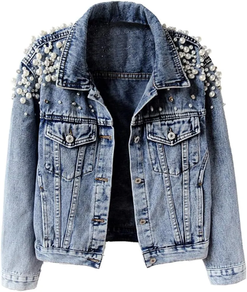 Kedera Women's Jean Jacket Embroidered Rivet Pearl Short Denim Jacket Coat