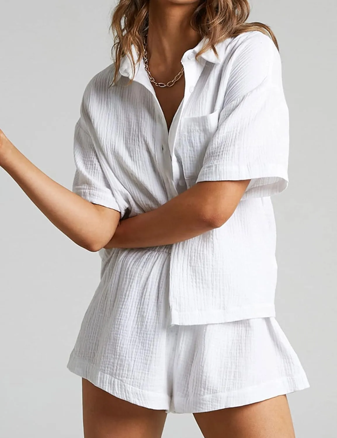Kissonic Women's 2 Piece Outfits Track Suits Matching Sets Loungewear for Vacation Button Down Shirt and Shorts Set