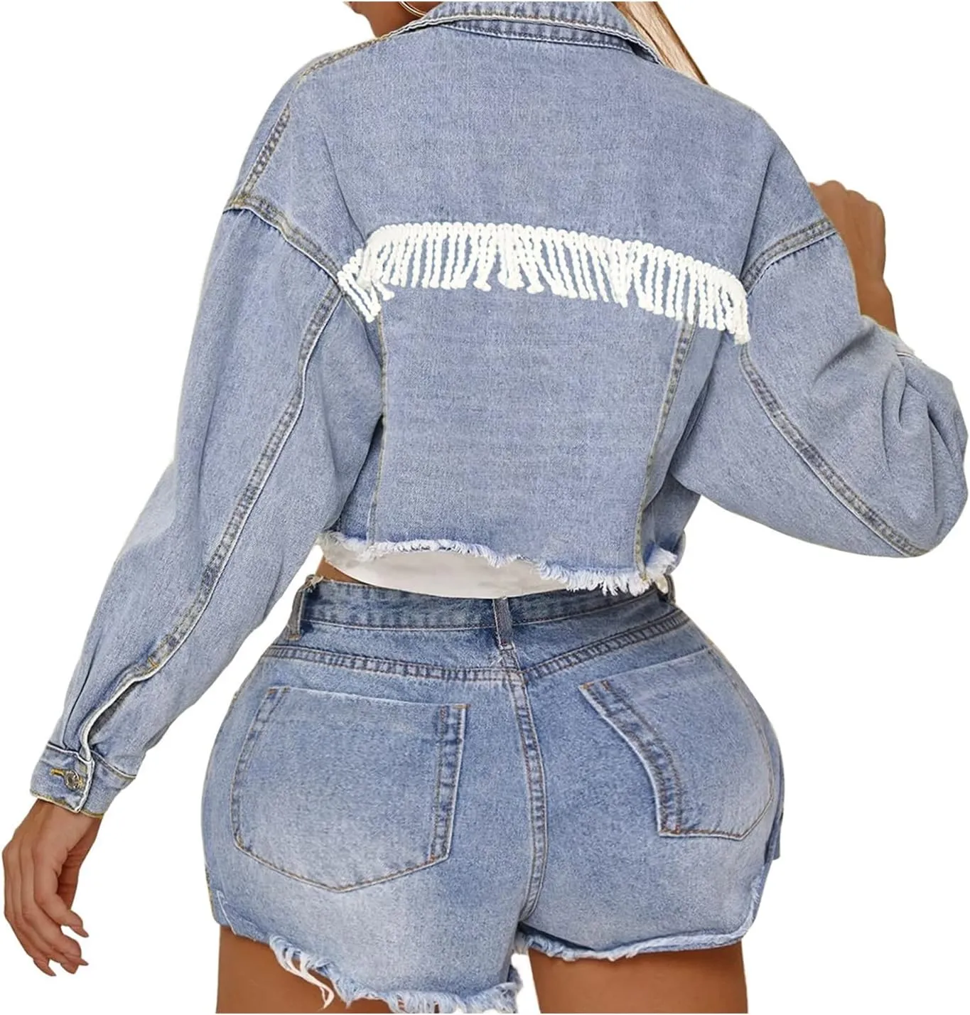 LifeShe Women's Tassel Cropped Denim Jean Jacket Coat With Frayed Hem