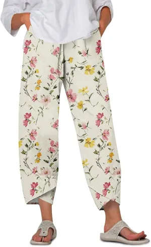 Linen Wide Leg Pants for Women Casual High Waist Summer Pants Floral Loose Fit Palazzo Lounge Beach Cropped Trousers