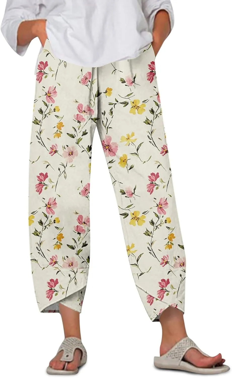 Linen Wide Leg Pants for Women Casual High Waist Summer Pants Floral Loose Fit Palazzo Lounge Beach Cropped Trousers