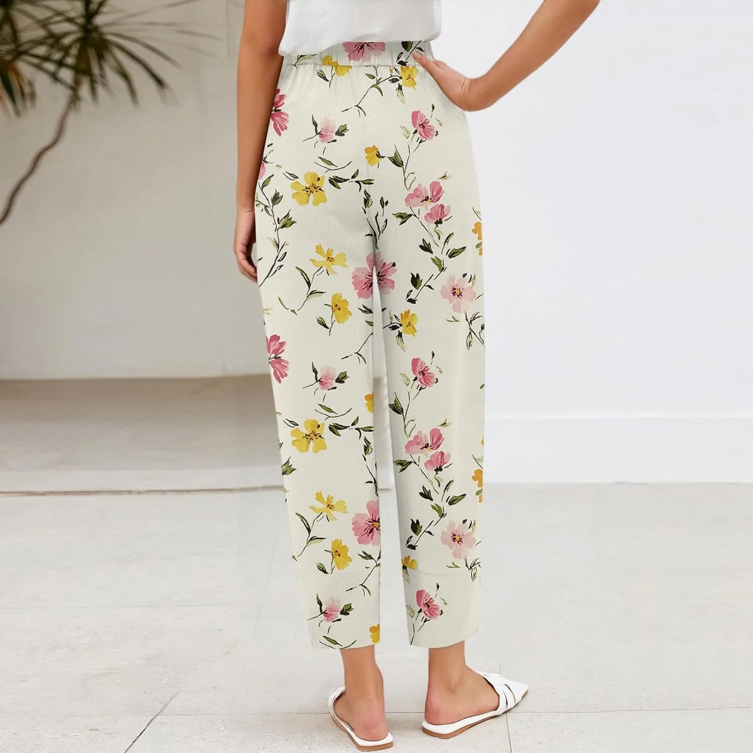 Linen Wide Leg Pants for Women Casual High Waist Summer Pants Floral Loose Fit Palazzo Lounge Beach Cropped Trousers