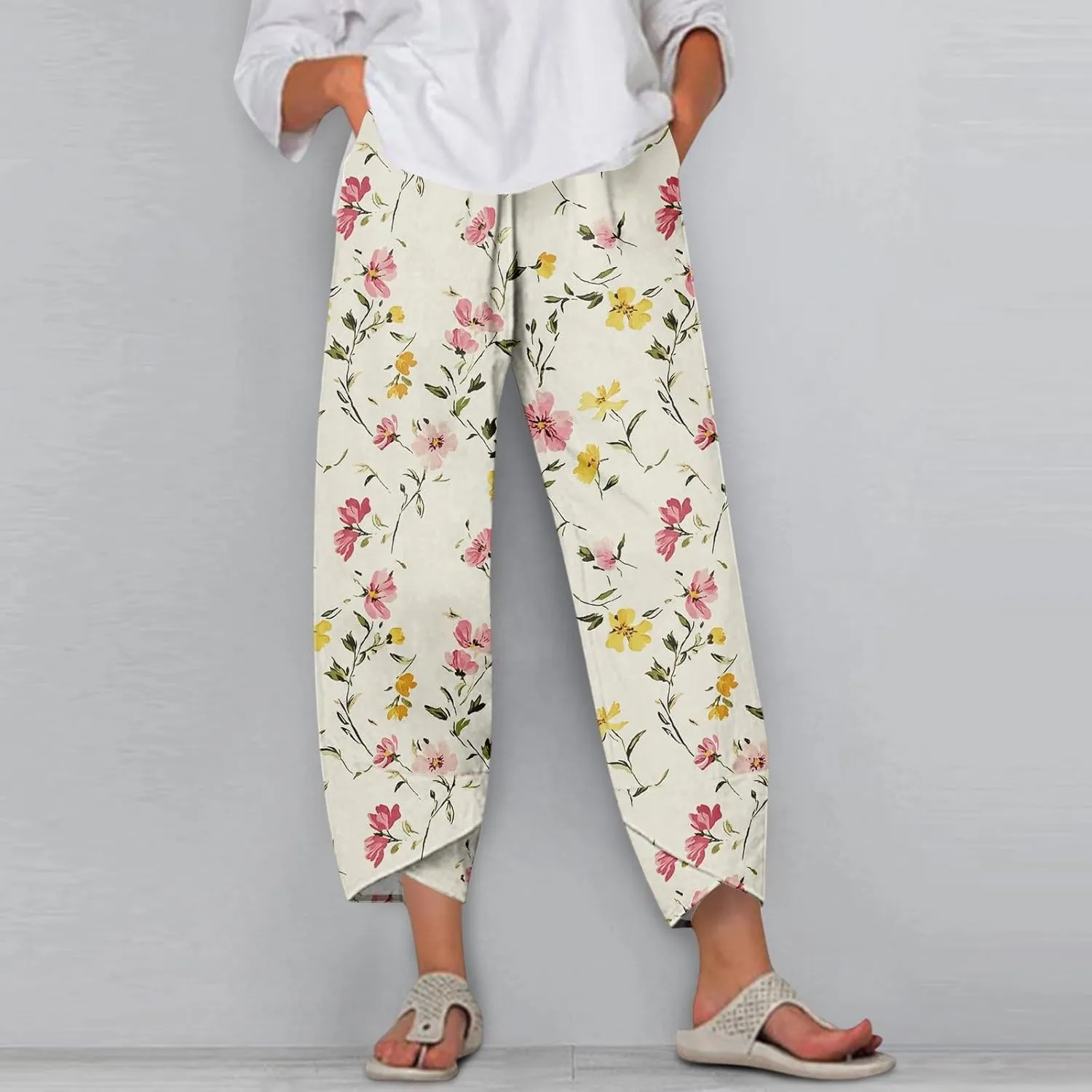 Linen Wide Leg Pants for Women Casual High Waist Summer Pants Floral Loose Fit Palazzo Lounge Beach Cropped Trousers