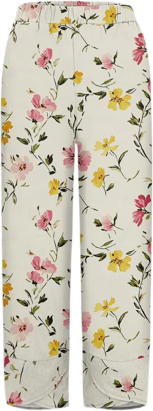 Linen Wide Leg Pants for Women Casual High Waist Summer Pants Floral Loose Fit Palazzo Lounge Beach Cropped Trousers
