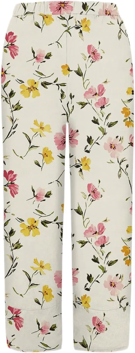 Linen Wide Leg Pants for Women Casual High Waist Summer Pants Floral Loose Fit Palazzo Lounge Beach Cropped Trousers