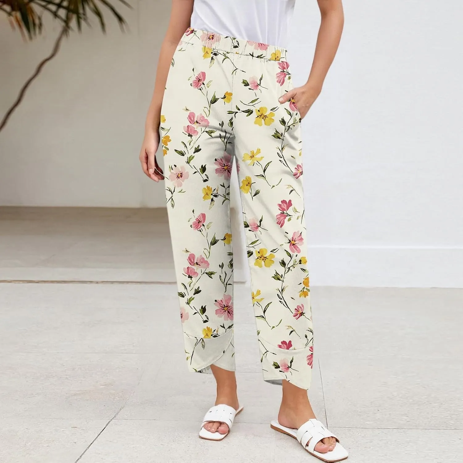 Linen Wide Leg Pants for Women Casual High Waist Summer Pants Floral Loose Fit Palazzo Lounge Beach Cropped Trousers