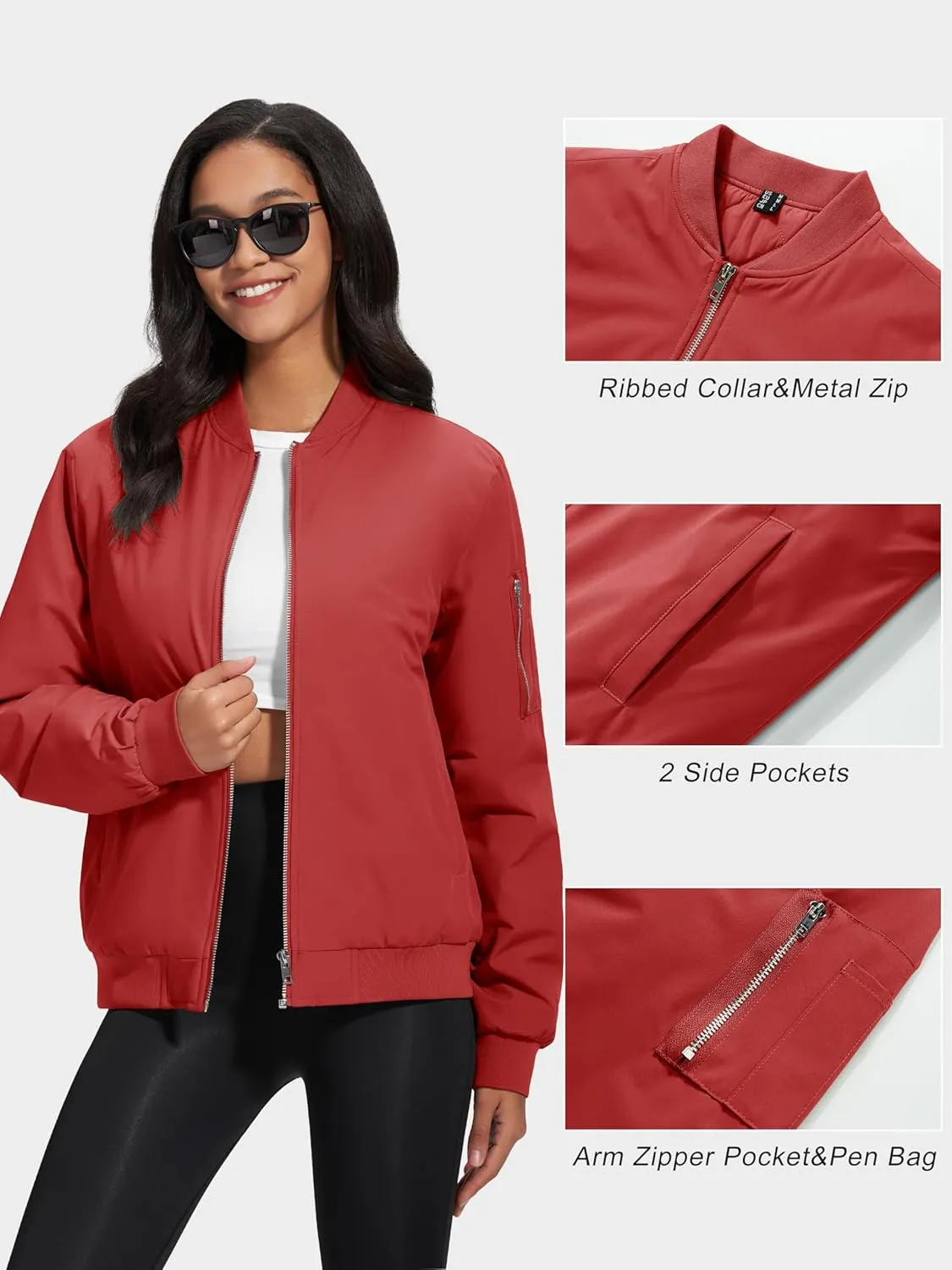 MAGCOMSEN Women's Winter Bomber Jacket Casual Basic Zip Up Padded Coats Water Resistant Long Sleeve Outwear with Pockets
