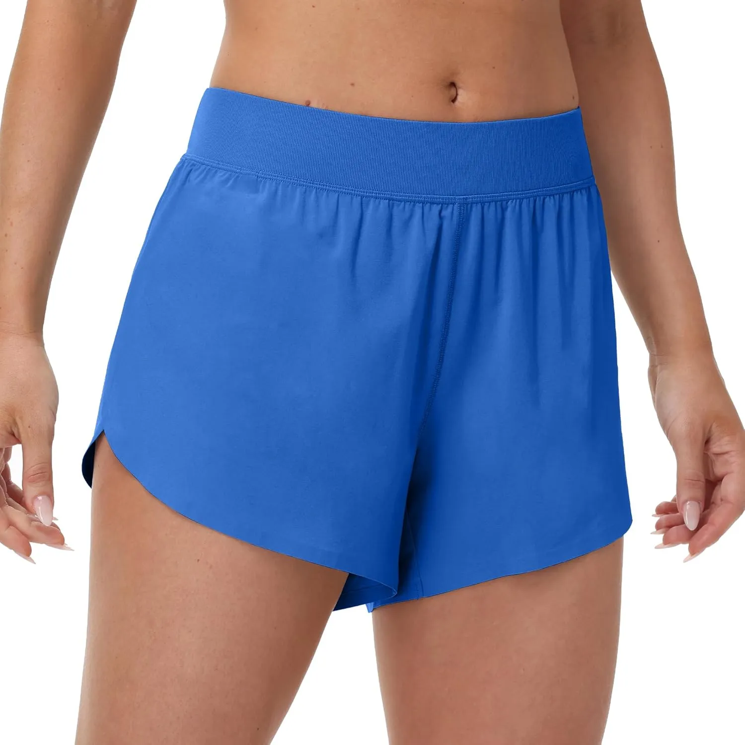 MCEDAR Women's Mid Waist Athletic Running Shorts 4" High Split for Dolphin Shorts with Comfy Mesh Liner for Gym Workout Track