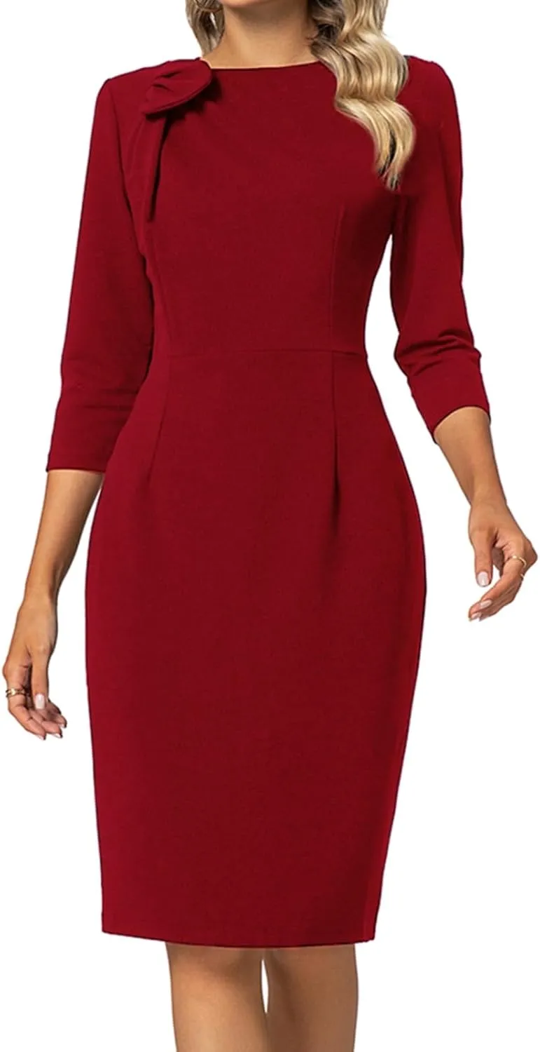 MINTLIMIT Women Sheath Dress 3/4 Sleeve Bow Neck Wear to Work Pencil Dresses