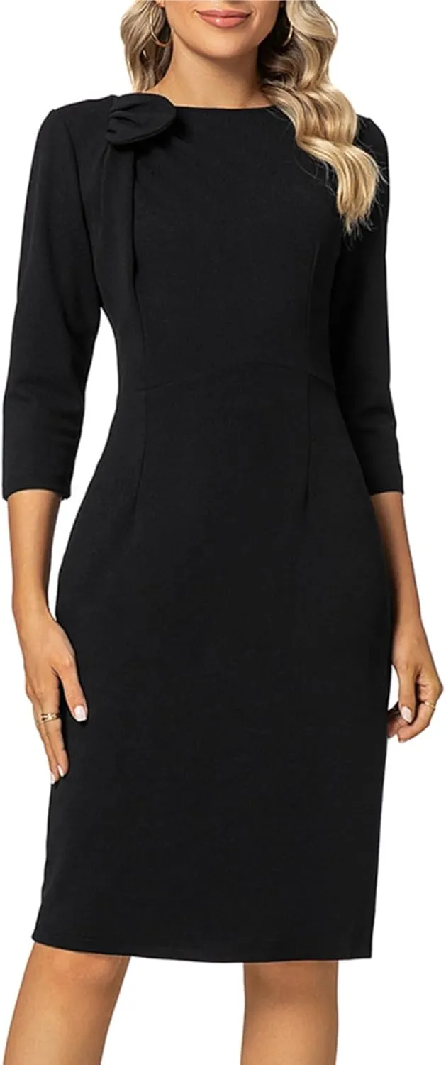 MINTLIMIT Women Sheath Dress 3/4 Sleeve Bow Neck Wear to Work Pencil Dresses
