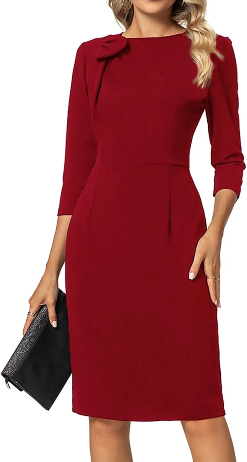 MINTLIMIT Women Sheath Dress 3/4 Sleeve Bow Neck Wear to Work Pencil Dresses