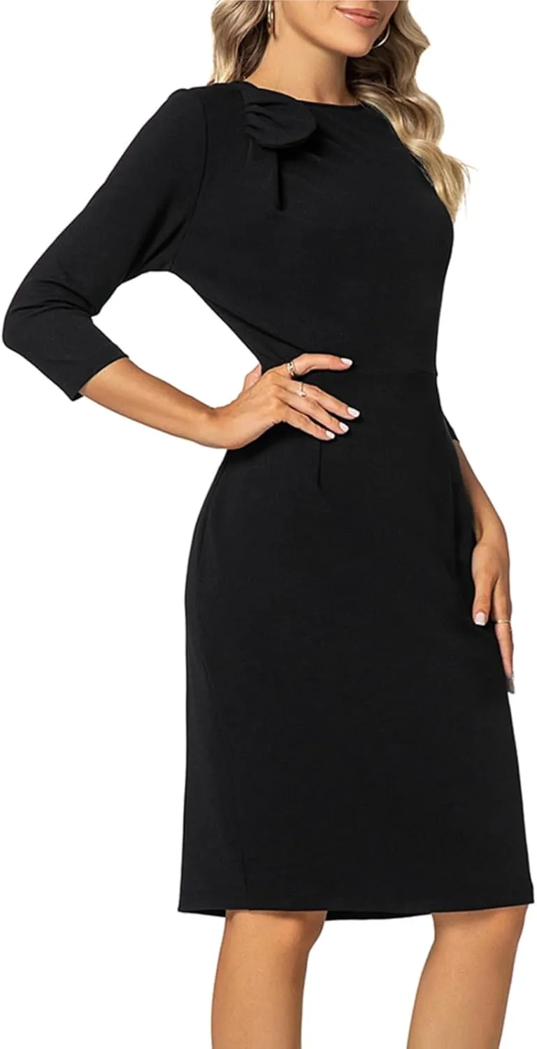 MINTLIMIT Women Sheath Dress 3/4 Sleeve Bow Neck Wear to Work Pencil Dresses