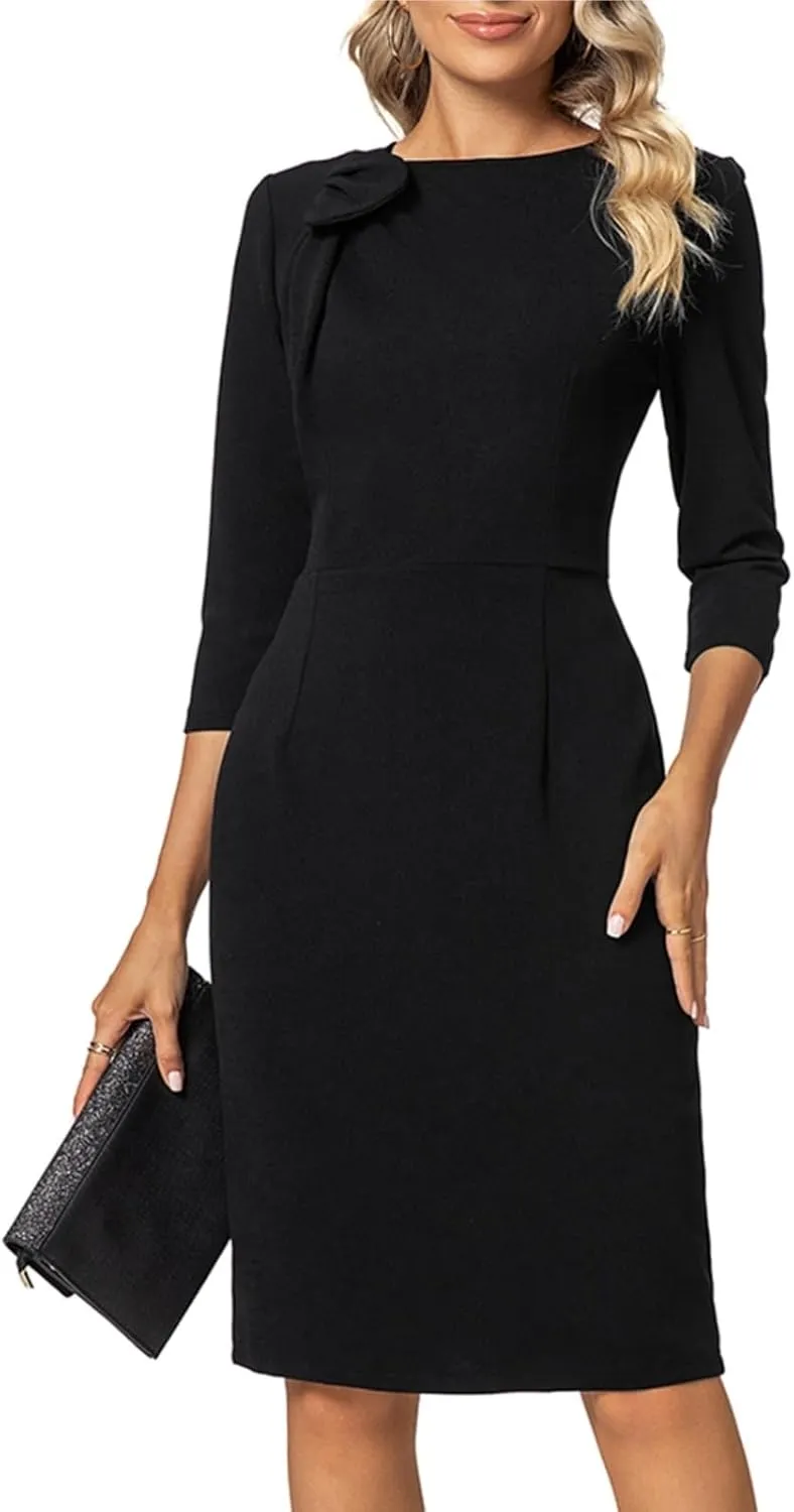 MINTLIMIT Women Sheath Dress 3/4 Sleeve Bow Neck Wear to Work Pencil Dresses