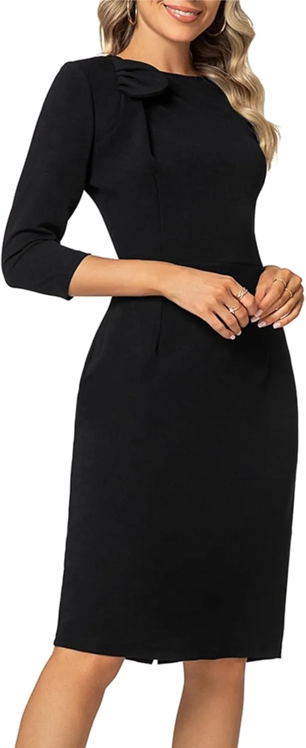 MINTLIMIT Women Sheath Dress 3/4 Sleeve Bow Neck Wear to Work Pencil Dresses