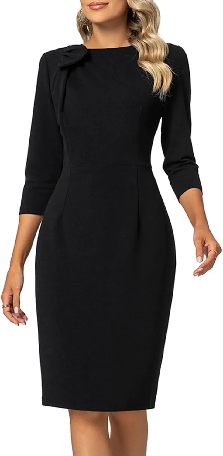 MINTLIMIT Women Sheath Dress 3/4 Sleeve Bow Neck Wear to Work Pencil Dresses