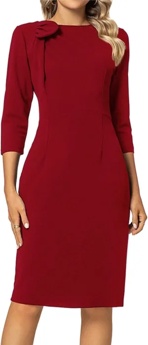 MINTLIMIT Women Sheath Dress 3/4 Sleeve Bow Neck Wear to Work Pencil Dresses