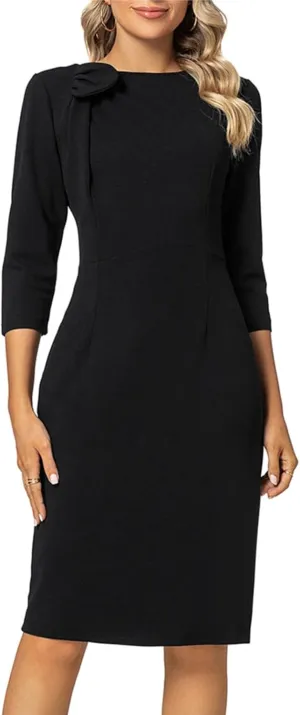 MINTLIMIT Women Sheath Dress 3/4 Sleeve Bow Neck Wear to Work Pencil Dresses
