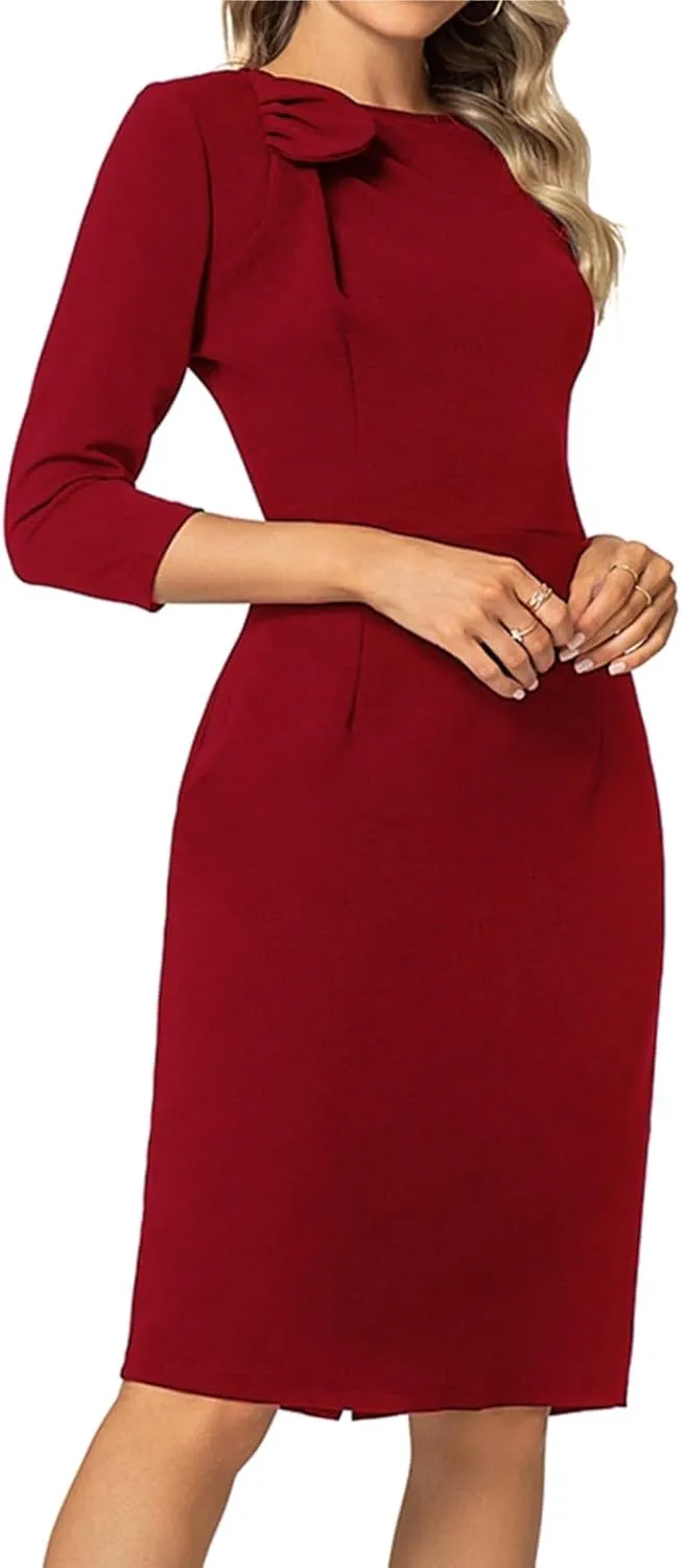 MINTLIMIT Women Sheath Dress 3/4 Sleeve Bow Neck Wear to Work Pencil Dresses