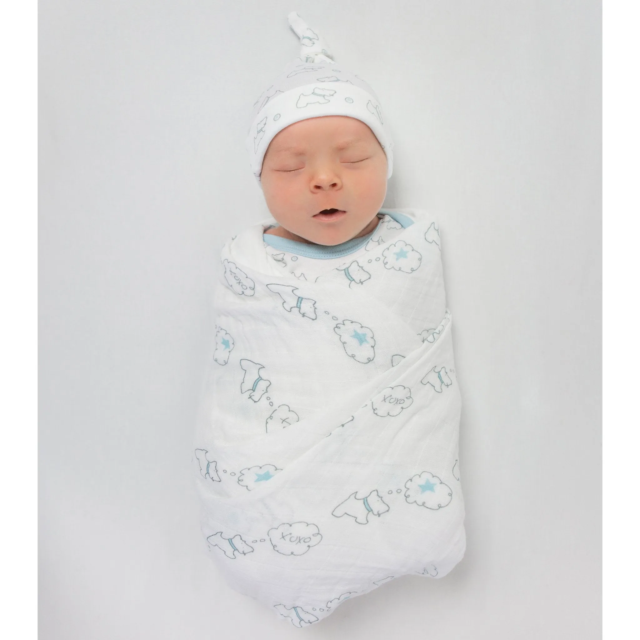 Muslin Swaddle Blanket and Hat Gift Set - Doggie, Pastel Blue, Newborn