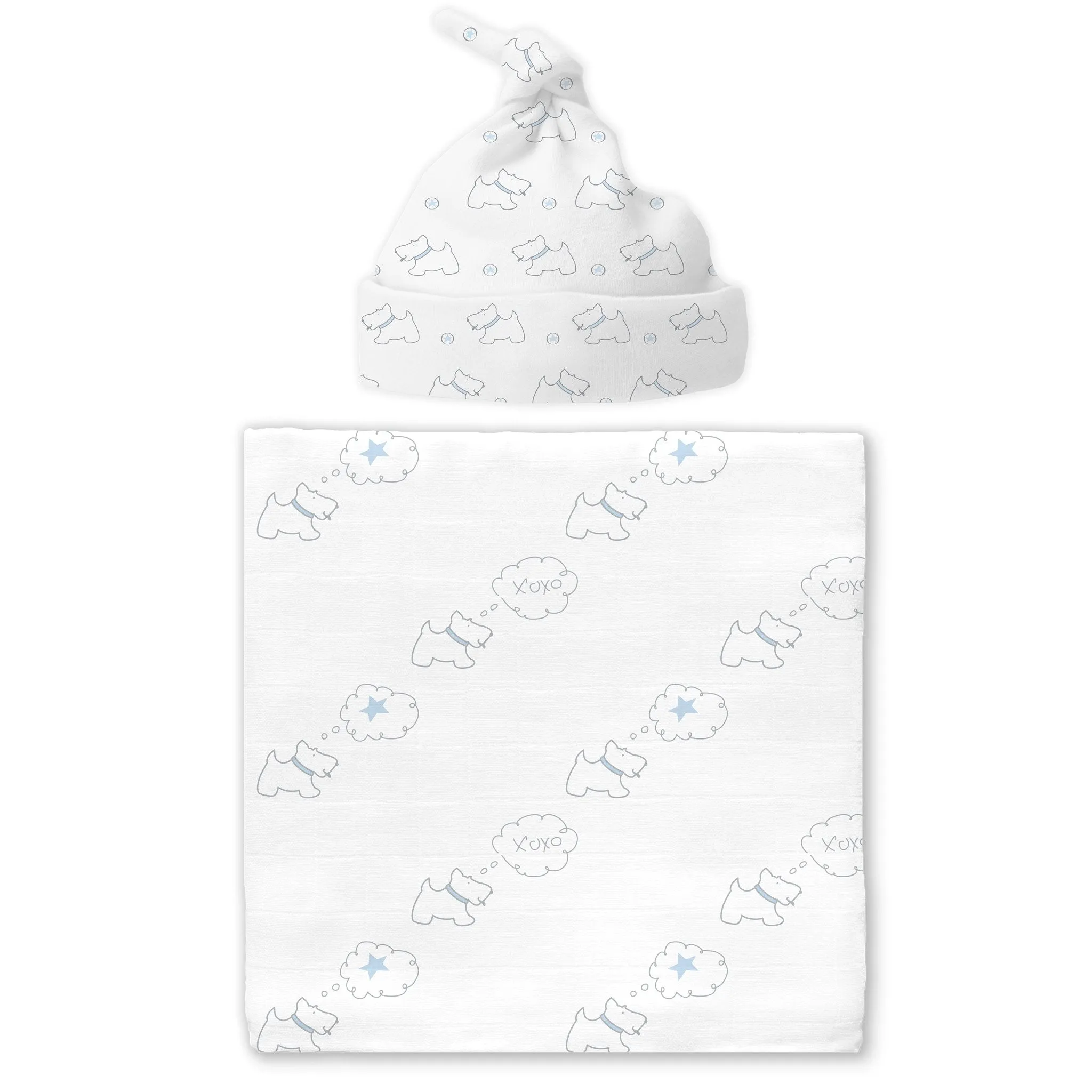 Muslin Swaddle Blanket and Hat Gift Set - Doggie, Pastel Blue, Newborn