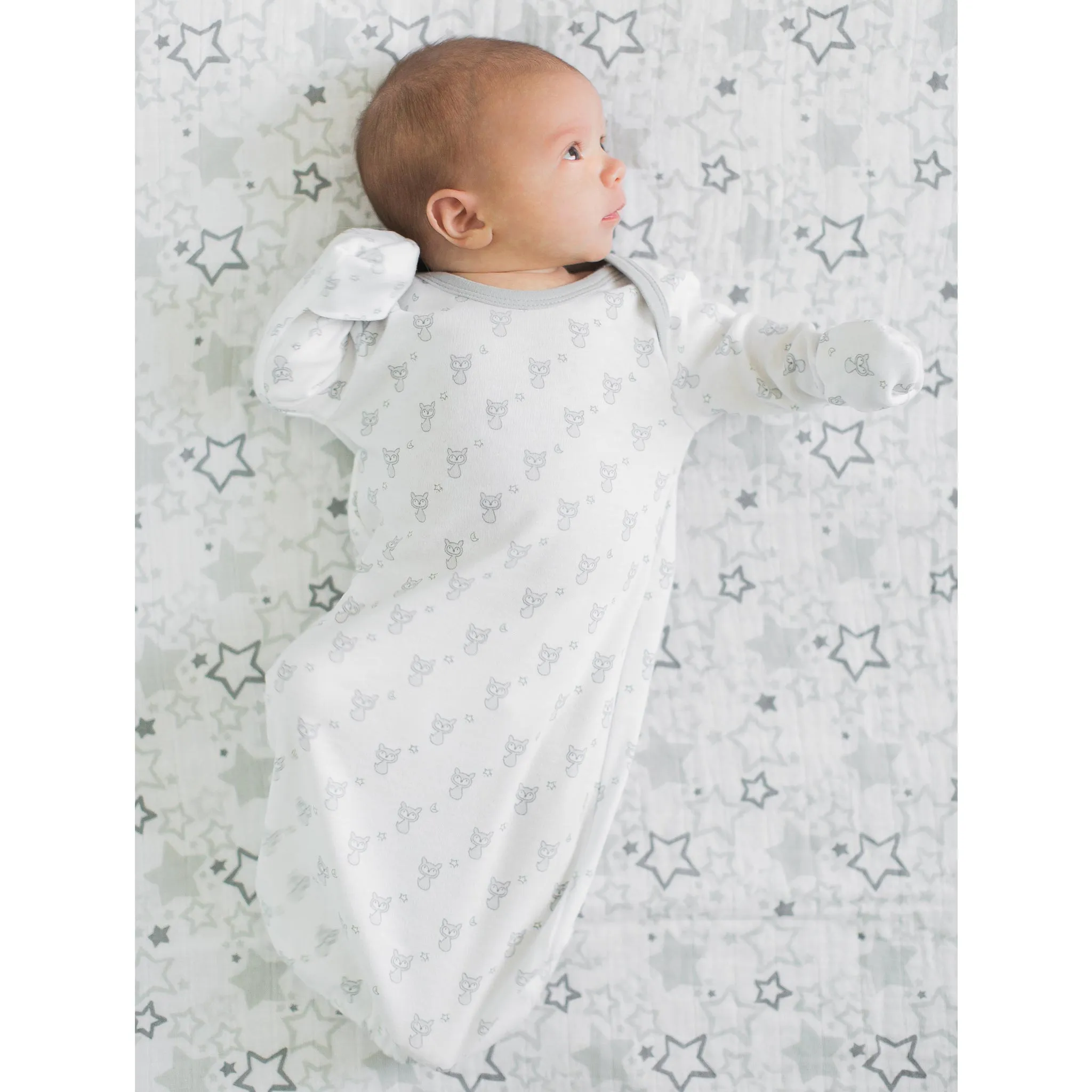 Muslin Swaddle, Pajama Gown and Hat Gift Set - Fox, XOXO, Sterling, Newborn