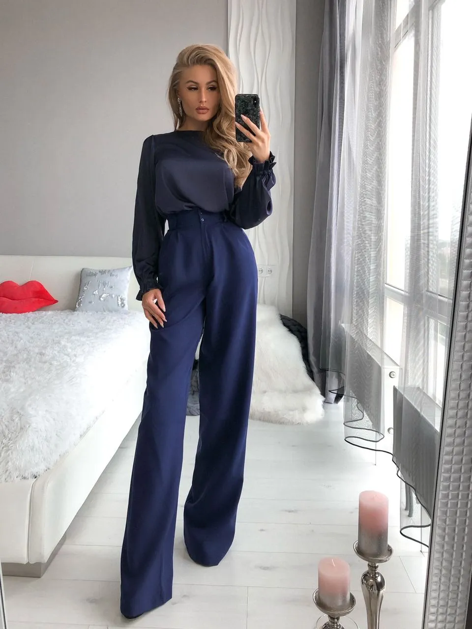 Navy High Waist Fitted Palazzo Pants