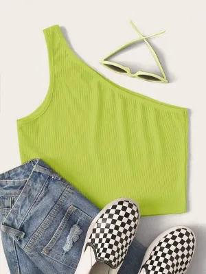 Neon Lime One Shoulder Solid Crop Top