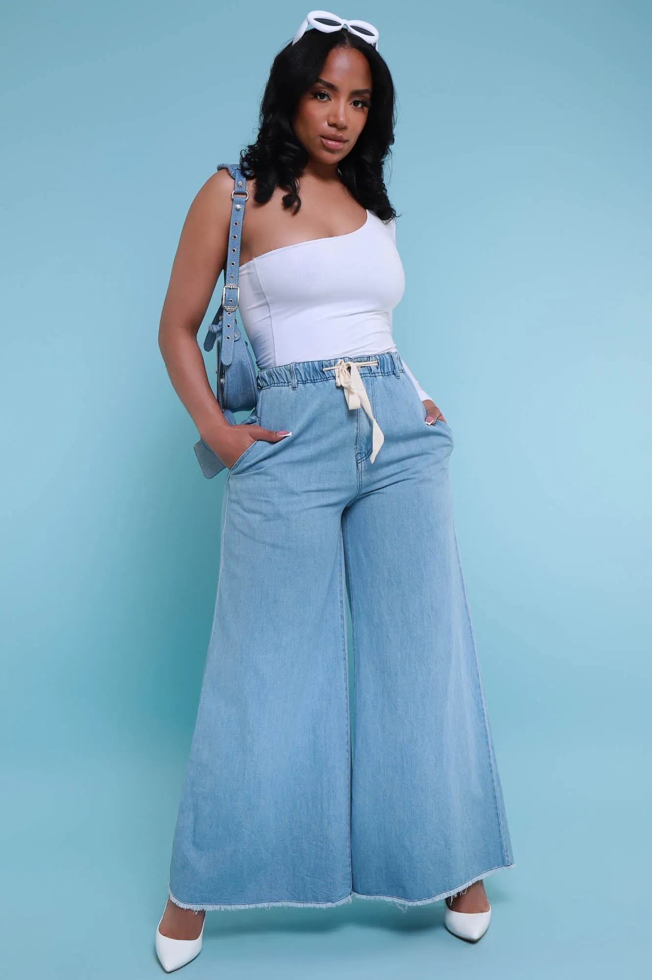 New Obsession High Rise Denim Palazzo Pants - Light Wash