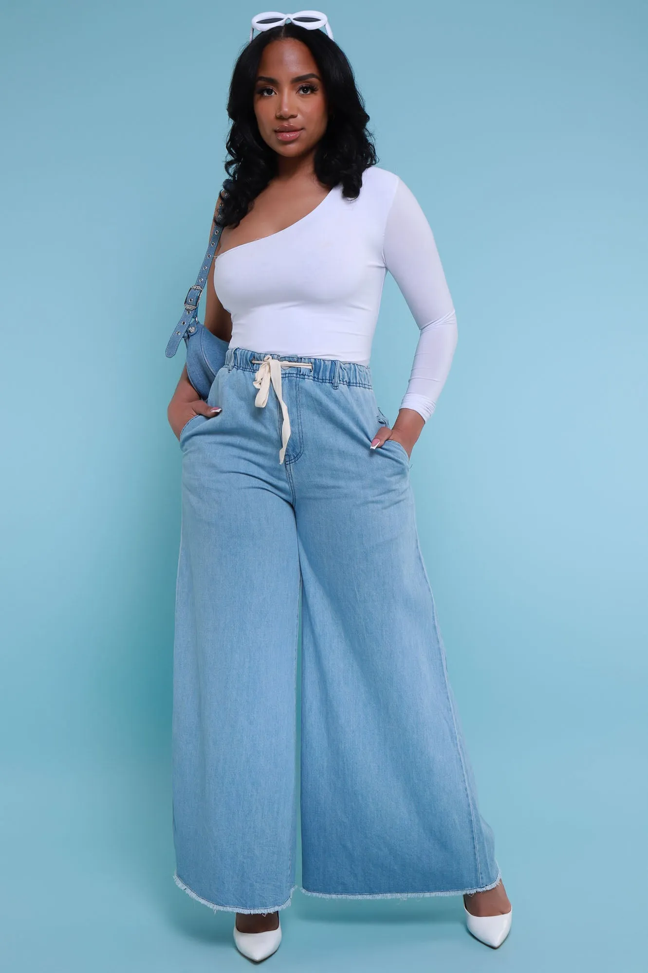 New Obsession High Rise Denim Palazzo Pants - Light Wash