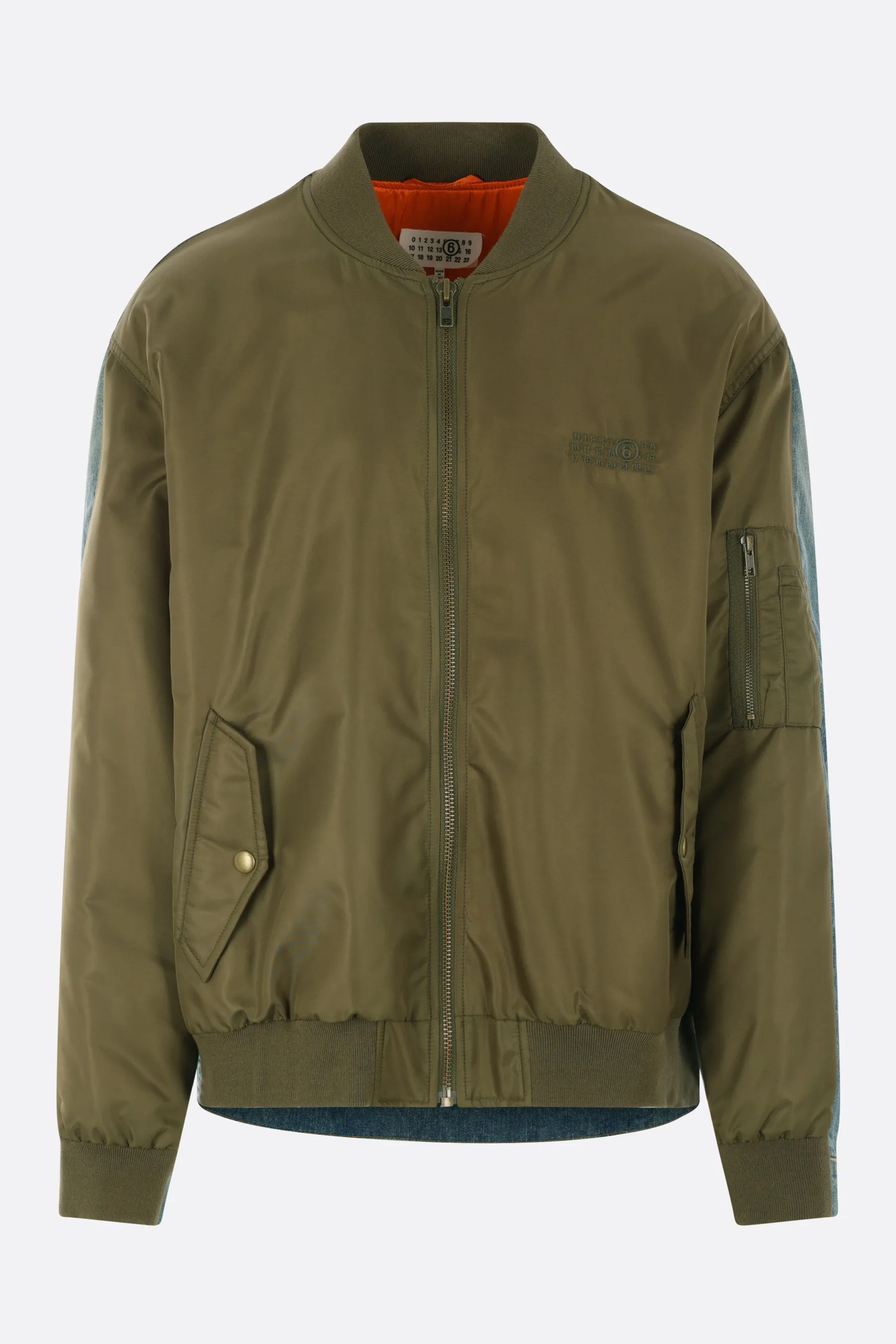 nylon and denim bomber jacket