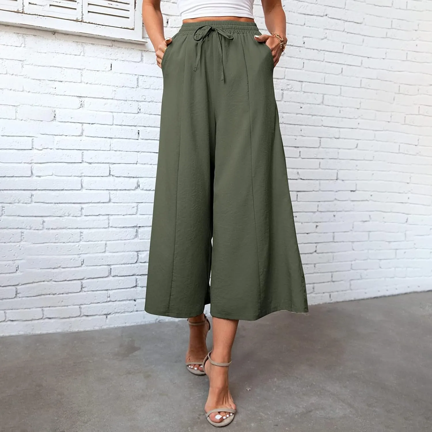 Petite Wide Leg Pants for Women 2025 Summer Cropped Dressy Palazzo Lightweight Pants with Pockets Loose Casual Trouser