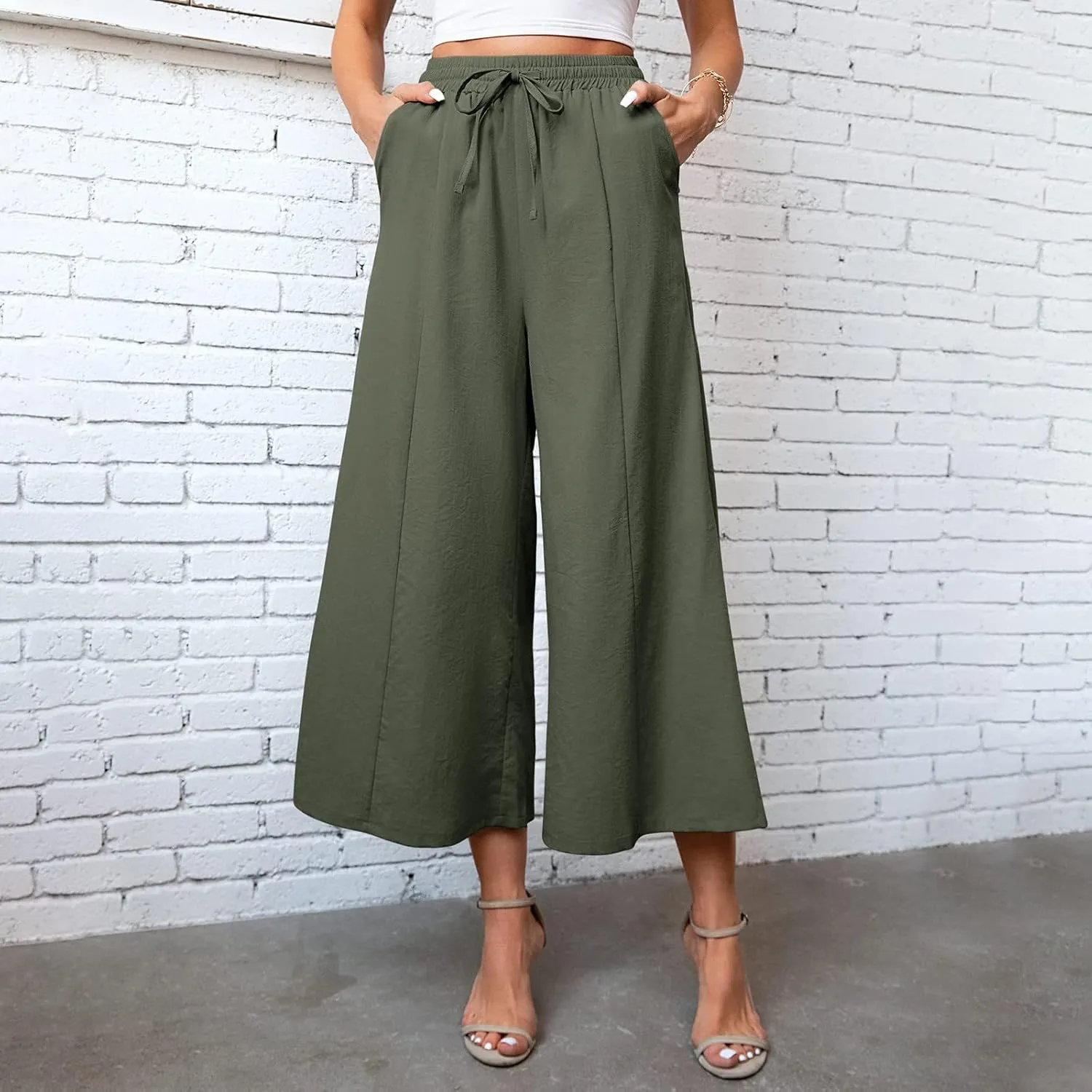 Petite Wide Leg Pants for Women 2025 Summer Cropped Dressy Palazzo Lightweight Pants with Pockets Loose Casual Trouser