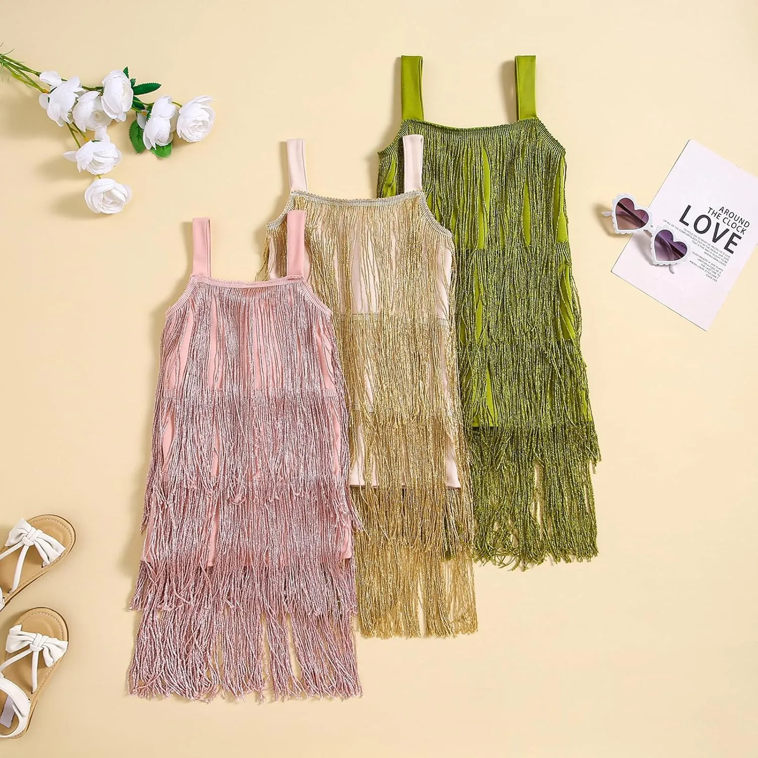 Qiylii Kid Girls Sequin Fringe Tassel Dress Sleeveless Dance Twirly Dresses Sparkly Latin Dress Concert Outfit Gift Children