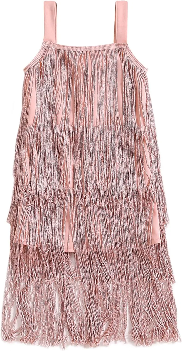 Qiylii Kid Girls Sequin Fringe Tassel Dress Sleeveless Dance Twirly Dresses Sparkly Latin Dress Concert Outfit Gift Children
