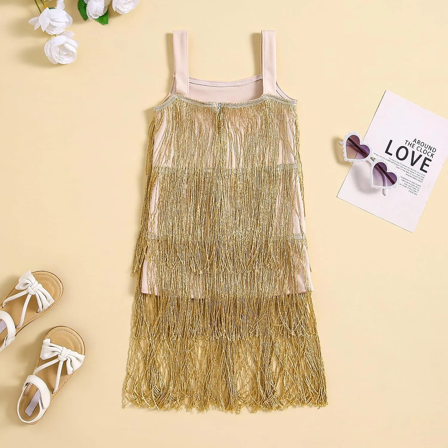 Qiylii Kid Girls Sequin Fringe Tassel Dress Sleeveless Dance Twirly Dresses Sparkly Latin Dress Concert Outfit Gift Children