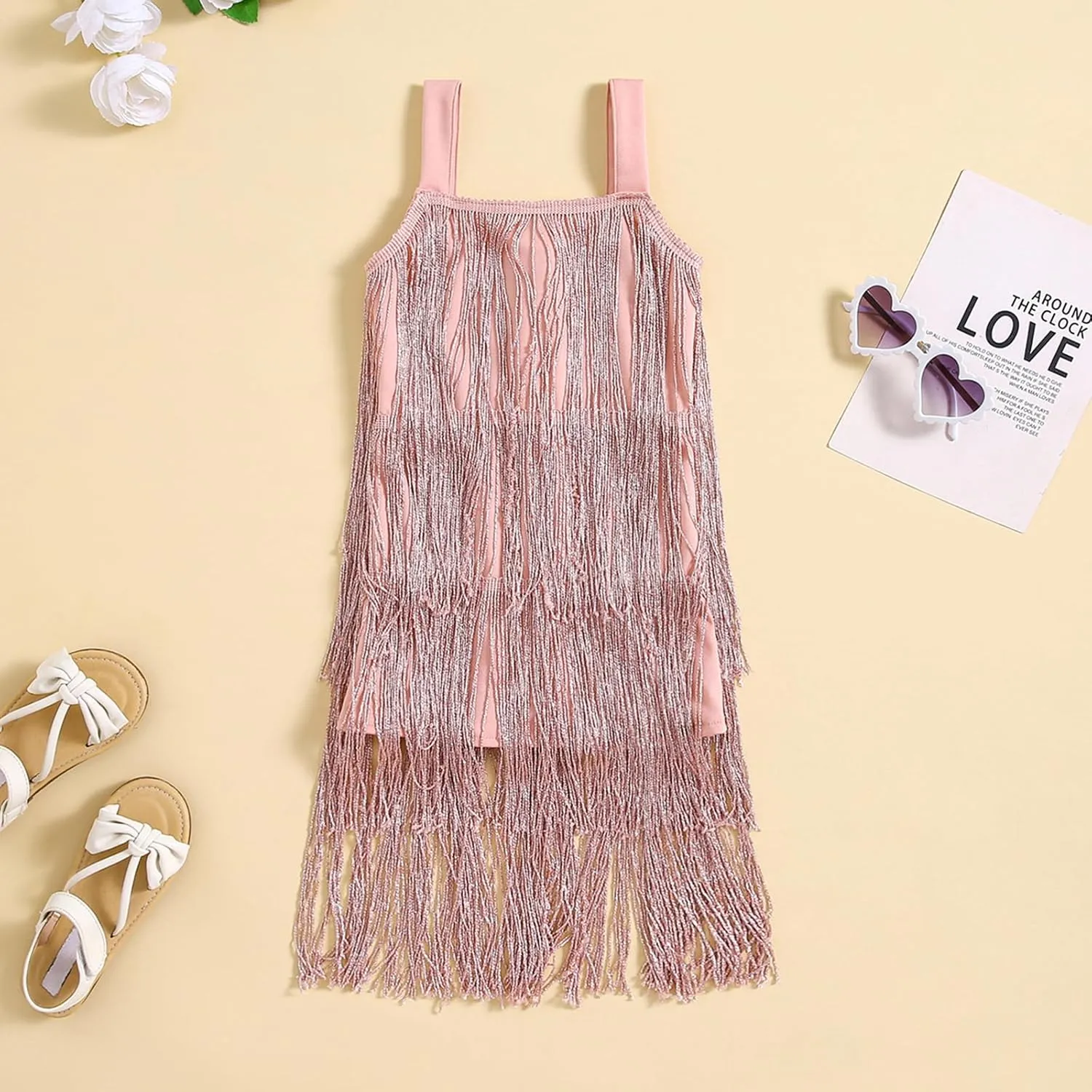 Qiylii Kid Girls Sequin Fringe Tassel Dress Sleeveless Dance Twirly Dresses Sparkly Latin Dress Concert Outfit Gift Children